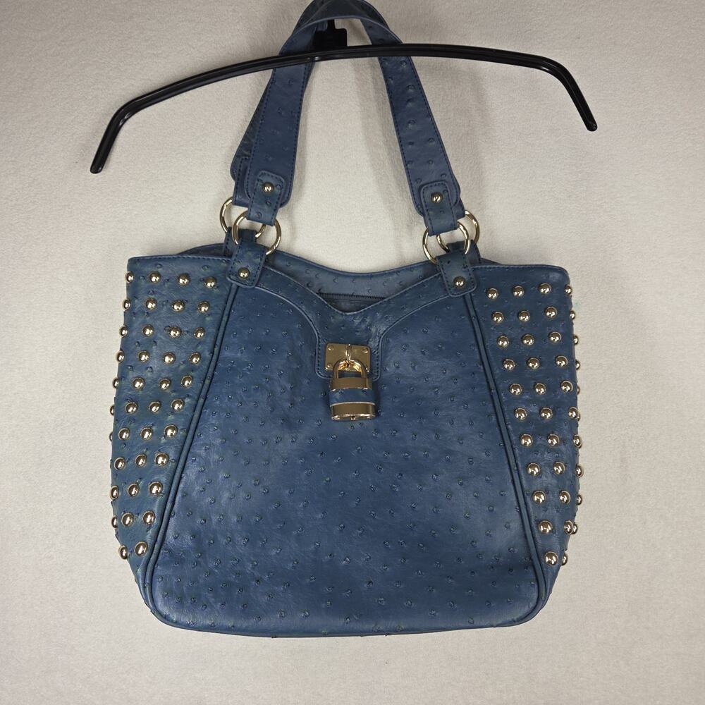 Vtg Expressions NYC Bag Purse Womens Blue Faux Ostrich Tote Hobo 2000s y2k - Picture 2 of 14